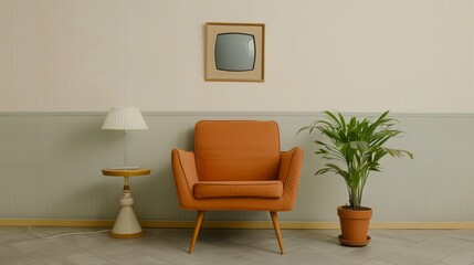 Throwback living room scene, featuring classic TV set, mid-century furniture, and nostalgic family photos, creating a historic and cozy atmosphere