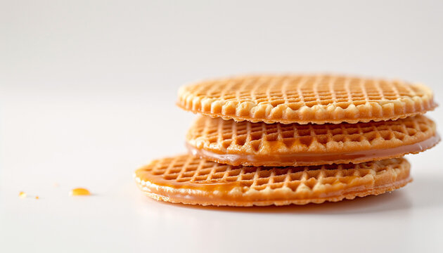 traditional Dutch stroopwafels, featuring two thin, crispy waffle cookies with a layer of caramel syrup in the center, set against a clean white background