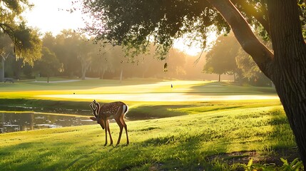 Deer grazing peacefully on the edge of a golf course fairway