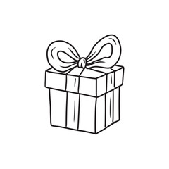 Beautiful carton box decorated with ribbon and bow as a happy birthday gift in black isolated on white. Hand drawn vector sketch illustration in doodle engraved vintage line art style. Christmas.