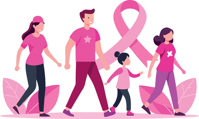 Group of people walking together for breast cancer awareness wearing pink ribbons