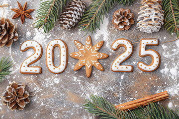 2025 gingerbread numbers, new year biscuits greeting card, gingerbread cookies celebrate banner