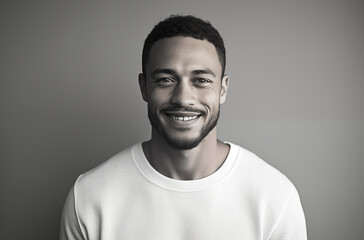 Obraz premium Black And White Portrait Of A Smiling Man With Short Hair And Beard Wearing A Casual White Shirt