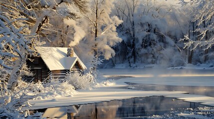 Serene winter scene snowcovered trees a frozen lake and a cozy cabin with smoke coming from the chimney with writing space and open area