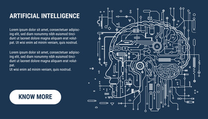 AI concept. Artificial Intelligence banner. Big Data concept. Electronic digital brain, circuit board and human head outline in flat style on a dark background.