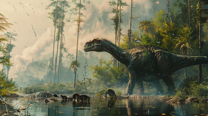Fototapeta premium dinosaurs, prehistoric, fossils, Jurassic, Cretaceous, Triassic, extinction, reptiles, paleontology, T-Rex, Velociraptor, Stegosaurus, Triceratops, Brachiosaurus, Pterodactyl, Ankylosaurus, sauropods,