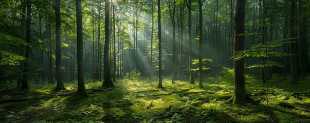 Fototapeta premium Lush green forest with sunlight filtering through trees, serene and tranquil, natural beauty