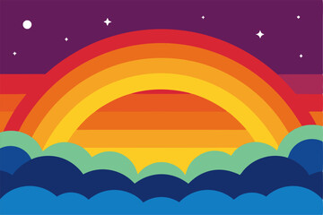 Above the clouds, there is a colorful rainbow stretching across the sky