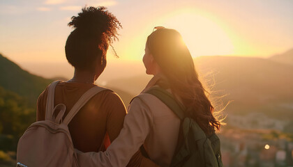 Lesbian couple hiking through the mountains at a beautiful sunset