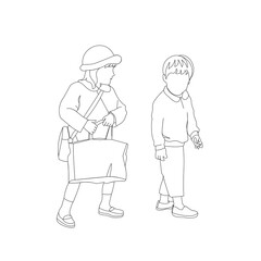 幼稚園の制服を着て通園する女の子と男の子