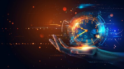 Abstract technology background with futuristic digital clock face and time hand representing business growth, currency investment, and stock timer economy transformation concepts


