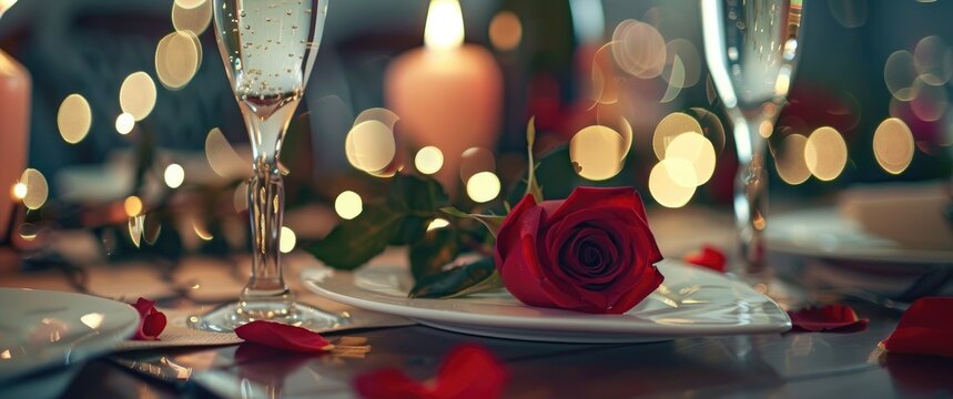 glasses of wine , Roses flowers,petal and candles blurred light on table Romantic Background for Valentine day