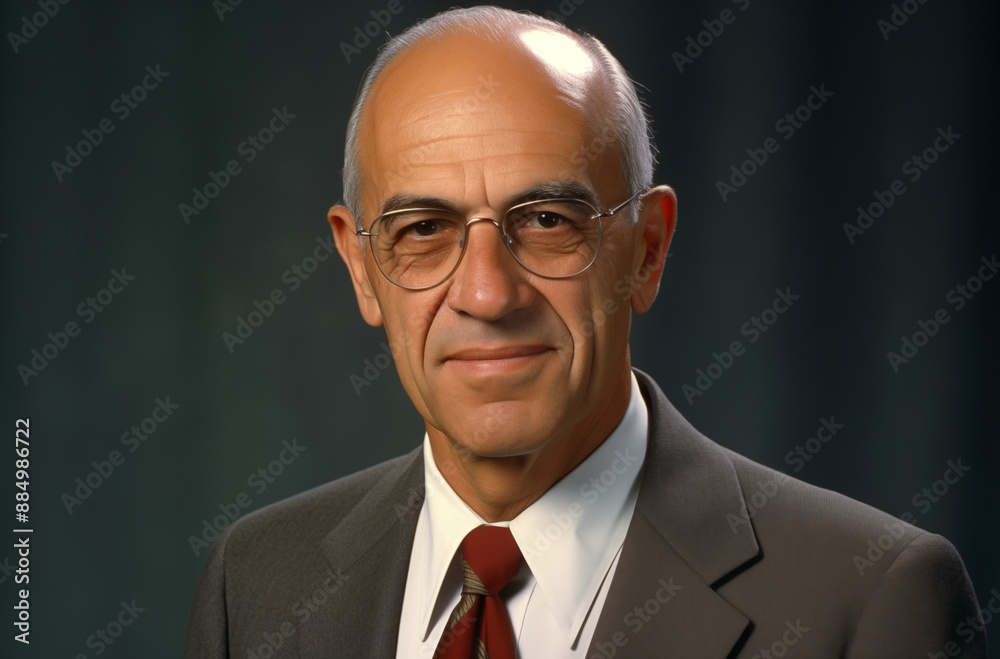 Wall mural Elderly Businessman With Glasses And Suit Posing For A Formal Portrait Against A Dark Background