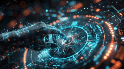 Abstract technology background with futuristic digital clock face and time hand representing business growth, currency investment, and stock timer economy transformation concepts


