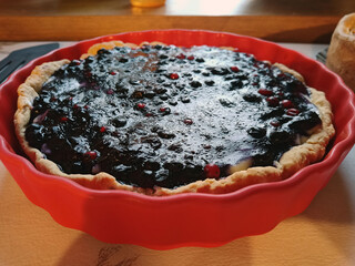 Tyrolean blueberry pie from the forest in a beautiful shape. Close-up shot right in the kitchen