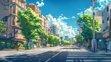 city streets landscape anime style Stock Illustration