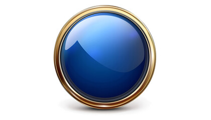 Circle realistic glossy blue button, golden ring, icon isolated. Metal, technology Ui for interface apps