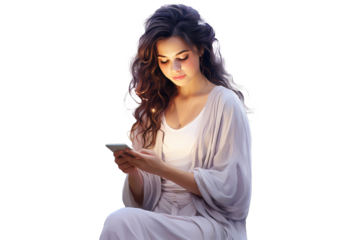 Woman holding smartphone using internet and social media, isolated on transparent background for digital communication and technology concepts