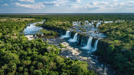Fototapeta premium The majestic Victoria Falls on the Zambia-Zimbabwe border, surrounded by lush greenery