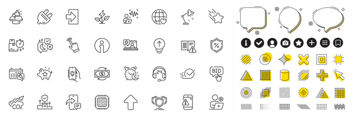 Set of Video conference, Alarm and Shields line icons for web app. Design elements, Social media icons. Warning message, International love, Falling star icons. Vector