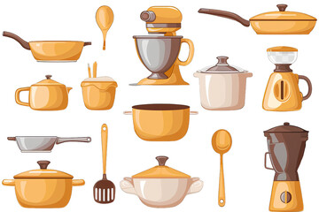 High-resolution illustration of assorted kitchenware and utensils, ideal for culinary designs, recipe books, and kitchen product advertisements