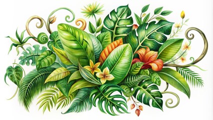 Fototapeta premium Vibrant, intricate, and colorful watercolor illustration of various liana vine plants on white background, perfect for realistic jungle designs.