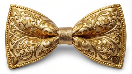 Obraz premium Luxurious golden bow tie ribbon isolated on pure white clean background with delicate intricate details and soft subtle shading.