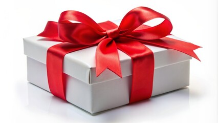 Obraz premium Elegant white gift box adorned with a vibrant red ribbon bow, perfectly positioned on a pristine white background.