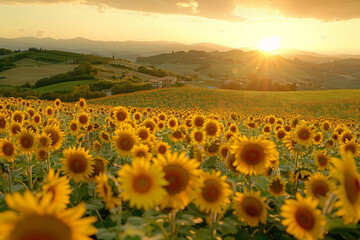 Fototapeta premium A breathtaking view of the sun setting over an endless field of golden-hued, focus on blooming sunflowers, with rolling hills in the background, creating an enchanting atmosphere of warm memories. 