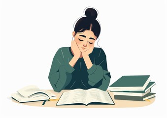 A woman sits at her desk with open books and papers, thinking about something while holding her hands under her chin in the style of a flat vector illustration on a white background