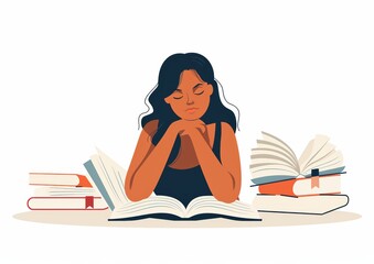 A woman sits at her desk with open books and papers, thinking about something while holding her hands under her chin in the style of a flat vector illustration on a white background