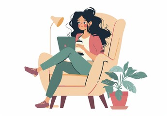 A woman sits in an armchair with her legs crossed and holding coffee, working on the laptop computer in front of her, in the style of flat design illustration on  a white background