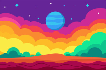 Colorful landscape with a planet in the sky cartoon illustration