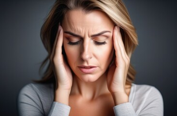beautiful woman has headache. Portrait of lady having a migraine.