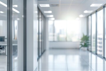 Blurred office interior with white walls, white floor and rows of computer tables. mock up