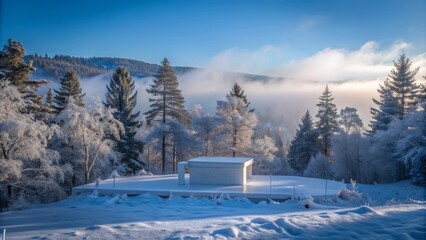 Serene frosty morning scenery featuring a sleek white podium isolated on a snow-covered hill, surrounded by evergreen trees and misty fog.