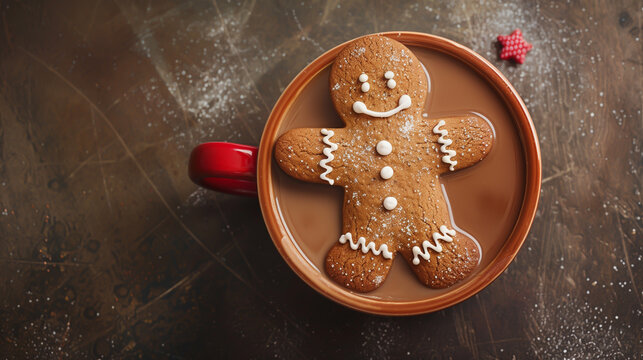 A gingerbread man cookie with white icing floats in a red mug filled with hot chocolate, on a rustic wooden table. Christmas season and relax on holiday concept.