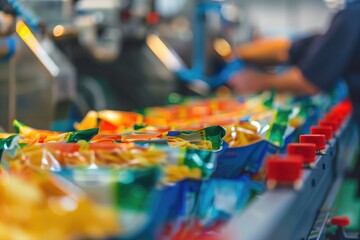 Obraz premium Close-up of chips bags on conveyor belt in food processing factory with workers in background. Food production, automated manufacturing, snack industry, quality control, industrial automation.