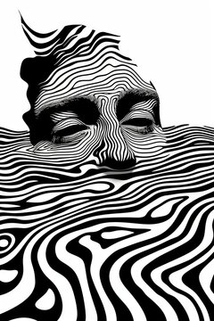 Mind bending flat line illusion illustration of under the water art portrait drawing.