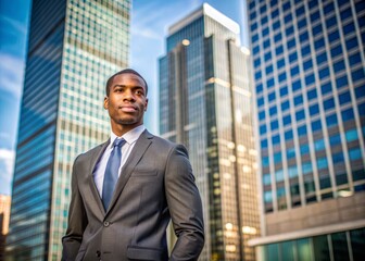 Fototapeta premium Portrait of young African Amerian businessman standing in front of city skyscraper, Urban lifestyle, Black people