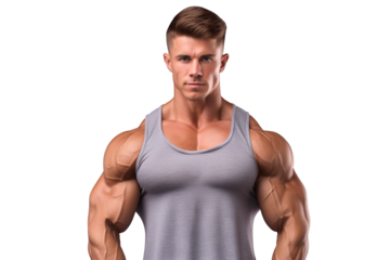 Young male bodybuilder in a powerful pose isolated on transparent background, showcasing muscular physique and strength, ideal for fitness and sports-related designs.