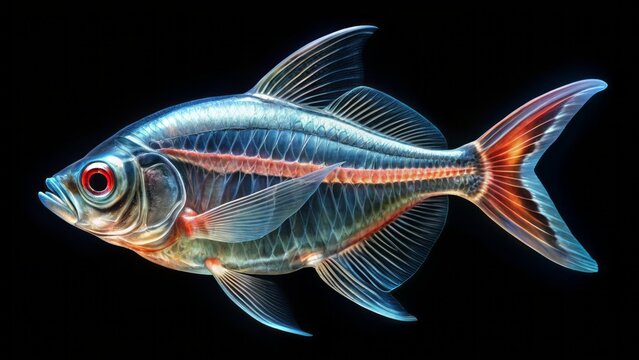 Highly detailed, photorealistic X-ray tetra fish suspended in mid-air, transparent background, stunning lighting, vibrant scales, intricate anatomy visible.