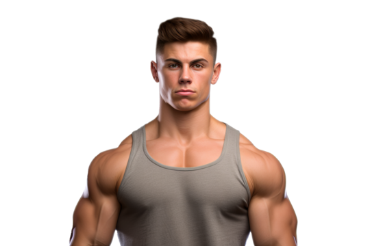 Young male bodybuilder in a powerful pose isolated on transparent background, showcasing muscular physique and strength, ideal for fitness and sports-related designs.
