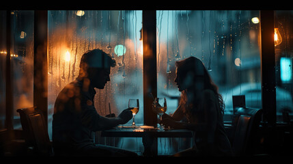 Silhouetted couple symbolizing romantic betrayal in a  restaurant with rainy window reflections.  intimate conversation, nightlife, dining out, city ambiance, date night concept.