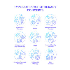 Types of psychotherapy blue gradient concept icons. Psychological conditions. Self awareness. Icon pack. Vector images. Round shape illustrations for infographic, presentation. Abstract idea