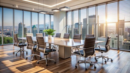 Modern office backdrop features empty chairs and a sleek table where colleagues often gather, evoking a sense of approachable leadership and collaborative corporate culture.