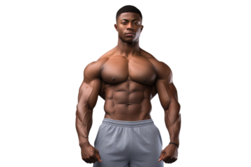 Young male bodybuilder in a powerful pose isolated on transparent background, showcasing muscular physique and strength, ideal for fitness and sports-related designs.