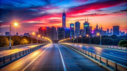 Fototapeta premium Urban landscape at dusk with empty road stretching into distance, blurred red and blue lights of authorities in background.