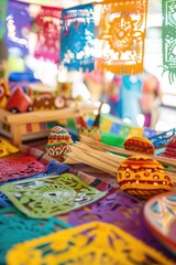 Fototapeta premium Vibrant Mexican crafts and papel picado decorations on a colorful market stall. Hispanic heritage month, festive decor, handmade crafts, traditional Mexican art, folk art.