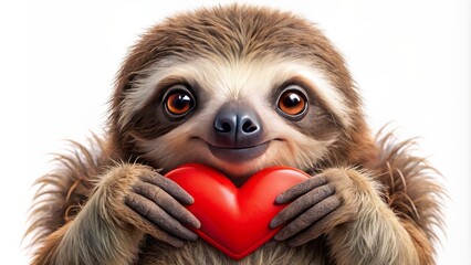 Adorable sloth clutches bright red heart with tiny claws on transparent background, exuding innocence and gentle affection, perfect for Valentine's.